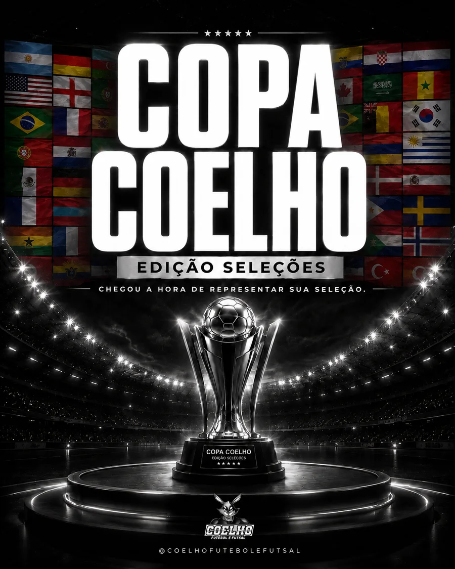 Arte da Copa Coelho: troféu prateado num estádio iluminado